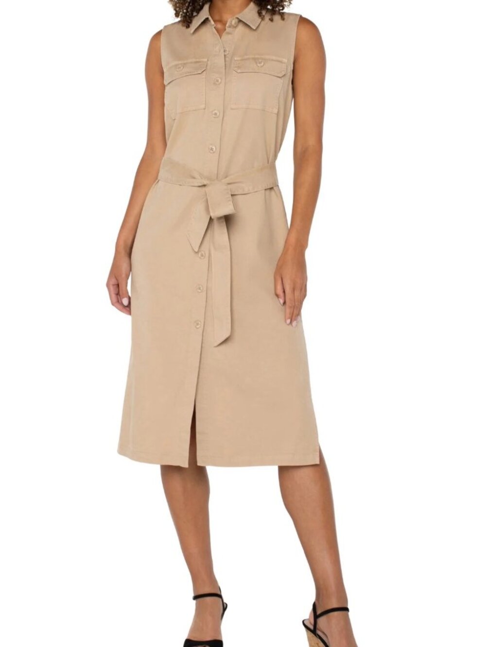 Liverpool Sleeveless Shirt Dress Cappuccino Button Front Tie Belt Size Large NWT
